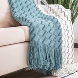 130*230CM Blue Modern Knitted Throw Blanket with Tassels - Soft & Lightweight for Sofa, Bed, and Office - Side View