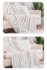 130*230CM White And Grey Modern Knitted Throw Blanket with Tassels - Soft & Lightweight for Sofa, Bed, and Office - Front View