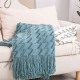 130*230CM White And Grey Modern Knitted Throw Blanket with Tassels - Soft & Lightweight for Sofa, Bed, and Office - Top-Down View