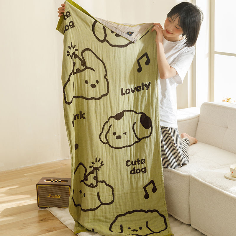 Green Cute Dog Pattern Soft and Absorbent 4-Layer Cotton Bath Towel for Adults and Children | Cartoon Design | 80*160 cm | Perfect for Bathing and