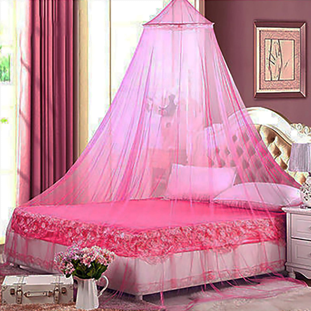 Pink Hanging Princess Bed Canopy Mosquito Net - Dome Bedding for Dorm Rooms & Bedrooms (Fits =1.5m Beds)