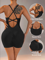 Size XS Black Nylon Seamless Yoga Bodysuit - Women's Athletic Romper, Crisscross Back, Workout Jumpsuit - Front View