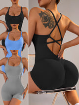Size XS Black Nylon Seamless Yoga Bodysuit - Women's Athletic Romper, Crisscross Back, Workout Jumpsuit - Side View
