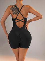 Size XS Black Nylon Seamless Yoga Bodysuit - Women's Athletic Romper, Crisscross Back, Workout Jumpsuit - Rear View