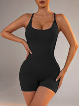 Size XS Black Nylon Seamless Yoga Bodysuit - Women's Athletic Romper, Crisscross Back, Workout Jumpsuit - Close-Up Angle