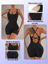 Size XS Black Nylon Seamless Yoga Bodysuit - Women's Athletic Romper, Crisscross Back, Workout Jumpsuit - Extra Image