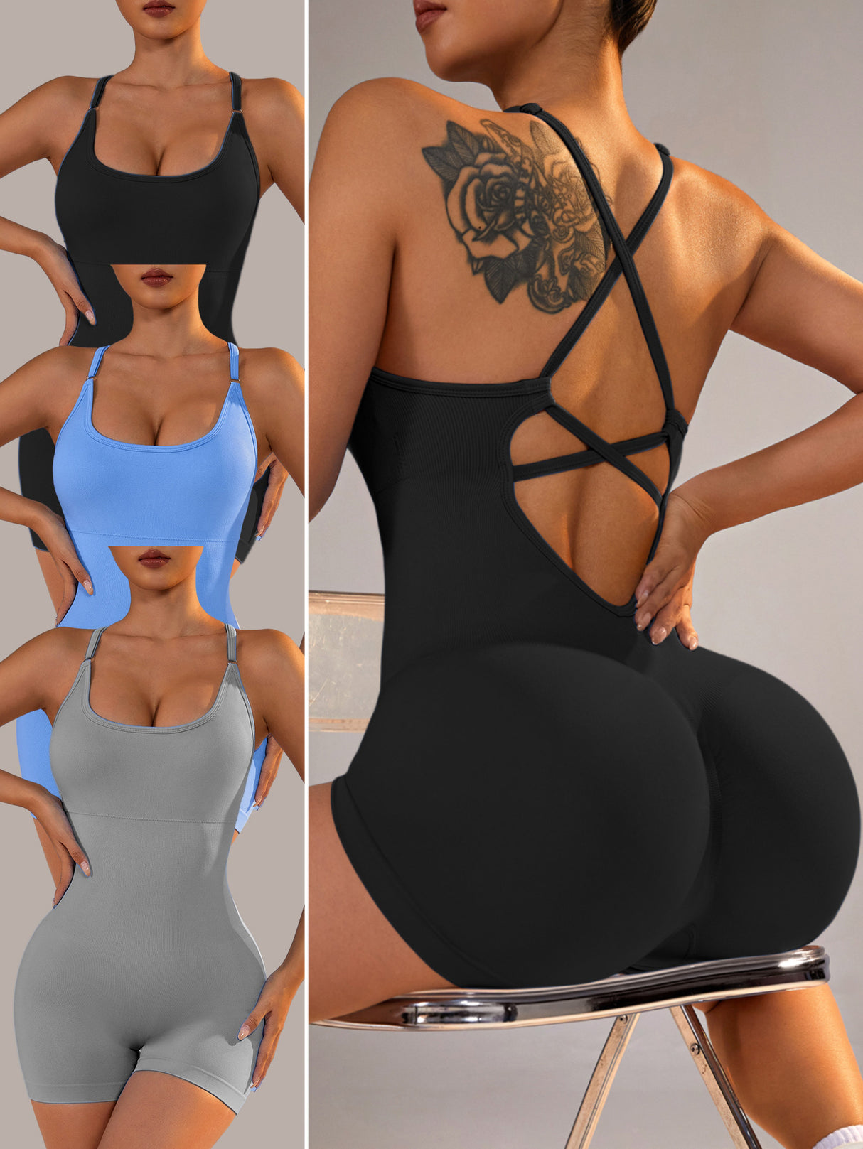 Size M Black Nylon Seamless Yoga Bodysuit - Women's Athletic Romper, Crisscross Back, Workout Jumpsuit