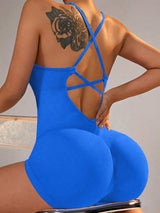 Size XS Royal Blue Nylon Seamless Yoga Bodysuit - Women's Athletic Romper, Crisscross Back, Workout Jumpsuit - Front View