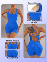 Size XS Royal Blue Nylon Seamless Yoga Bodysuit - Women's Athletic Romper, Crisscross Back, Workout Jumpsuit - 45-Degree Angle