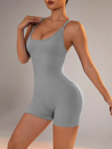 Size XS Light Grey Nylon Seamless Yoga Bodysuit - Women's Athletic Romper, Crisscross Back, Workout Jumpsuit - Top-Down View