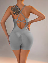 Size XS Light Grey Nylon Seamless Yoga Bodysuit - Women's Athletic Romper, Crisscross Back, Workout Jumpsuit - 45-Degree Angle