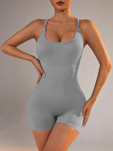 Size XS Light Grey Nylon Seamless Yoga Bodysuit - Women's Athletic Romper, Crisscross Back, Workout Jumpsuit - Rear View