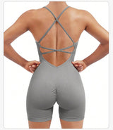 Size S Light Grey Nylon Seamless Yoga Bodysuit - Women's Athletic Romper, Crisscross Back, Workout Jumpsuit - Front View