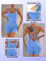 Size S Light Blue Nylon Seamless Yoga Bodysuit - Women's Athletic Romper, Crisscross Back, Workout Jumpsuit - Front View
