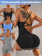 Size XS Light Blue Nylon Seamless Yoga Bodysuit - Women's Athletic Romper, Crisscross Back, Workout Jumpsuit - Front View