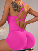 Size XS Rose Red Grey Nylon Seamless Yoga Bodysuit - Women's Athletic Romper, Crisscross Back, Workout Jumpsuit - Front View