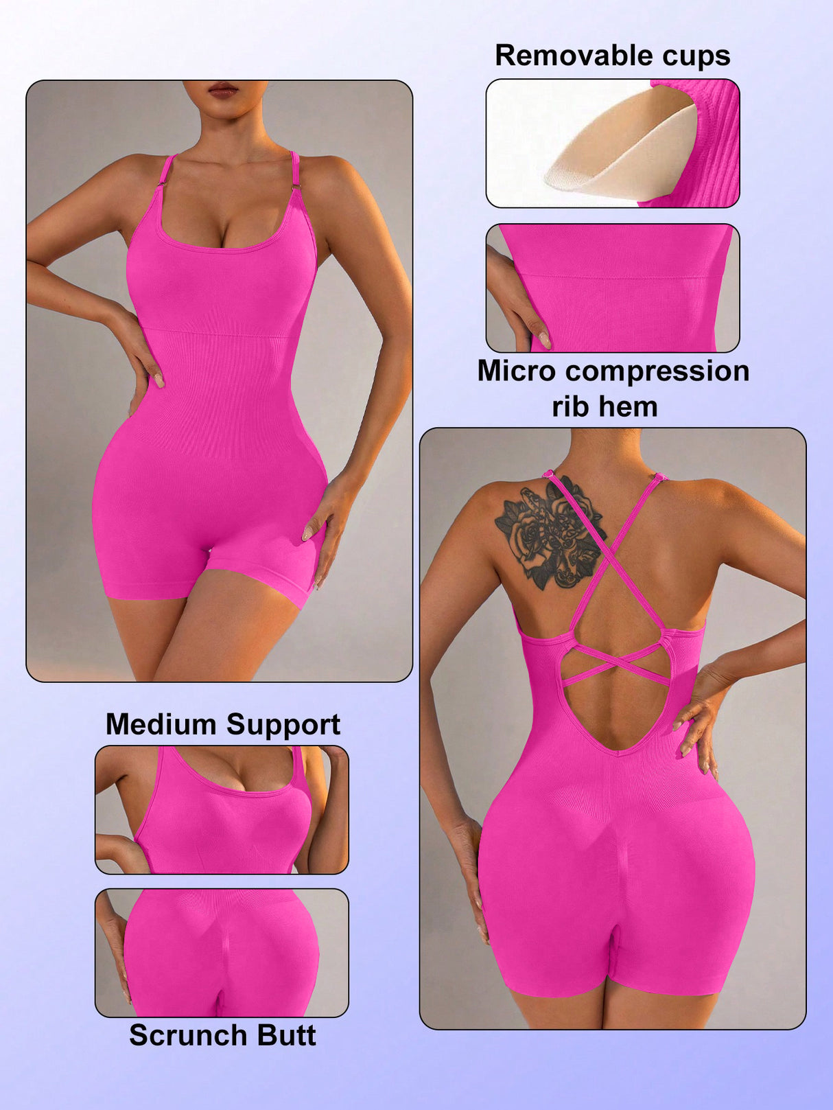 Size M Rose Red Grey Nylon Seamless Yoga Bodysuit - Women's Athletic Romper, Crisscross Back, Workout Jumpsuit
