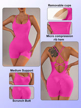 Size L Rose Red Grey Nylon Seamless Yoga Bodysuit - Women's Athletic Romper, Crisscross Back, Workout Jumpsuit