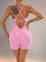 Size XS Light Pink Grey Nylon Seamless Yoga Bodysuit - Women's Athletic Romper, Crisscross Back, Workout Jumpsuit - Front View