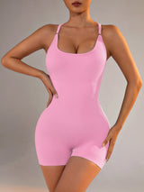 Size XS Light Pink Grey Nylon Seamless Yoga Bodysuit - Women's Athletic Romper, Crisscross Back, Workout Jumpsuit - Side View