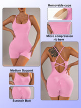 Size XS Light Pink Grey Nylon Seamless Yoga Bodysuit - Women's Athletic Romper, Crisscross Back, Workout Jumpsuit - 45-Degree Angle