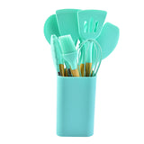 Light Green 12-Piece Silicone Kitchen Utensil Set with Beechwood Handles & Holder
