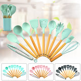 Black 12-Piece Silicone Kitchen Utensil Set with Beechwood Handles & Holder - Front View
