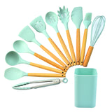 Black 12-Piece Silicone Kitchen Utensil Set with Beechwood Handles & Holder - Side View