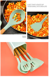 Black 12-Piece Silicone Kitchen Utensil Set with Beechwood Handles & Holder - Top-Down View