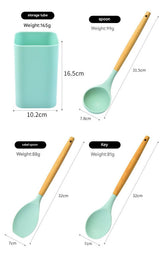 Black 12-Piece Silicone Kitchen Utensil Set with Beechwood Handles & Holder - 45-Degree Angle