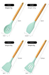 Black 12-Piece Silicone Kitchen Utensil Set with Beechwood Handles & Holder - Rear View