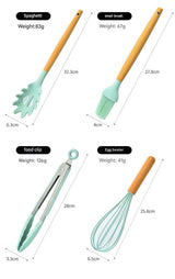 Black 12-Piece Silicone Kitchen Utensil Set with Beechwood Handles & Holder - Close-Up Angle