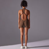 Size M Brown High-Impact Seamless Bodysuit - Nude Feel Yoga & Fitness Romper - Top-Down View