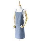 Blue Cotton Linen H-Back Apron - Solid Color Kitchen Cooking Apron with Pocket - Front View