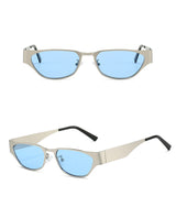 Silver Frame Blue Film Retro Cat Eye Sunglasses - Metal Frame, UV400 Protection - Front View