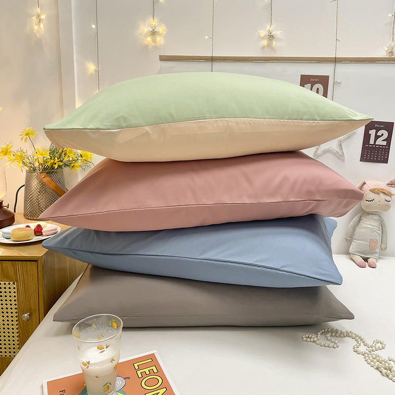Dark Blue And Grey Washed Cotton Pillowcase Set - Solid Color, Simple Two-Tone Design, 48x74cm (Pair)