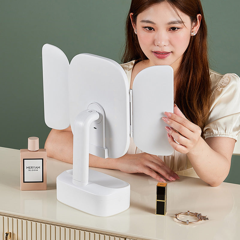 White LED Lighted Tri-Fold Makeup Mirror with Storage Drawer & Magnification(USB Charging Port)