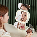 White LED Lighted Tri-Fold Makeup Mirror with Storage Drawer & Magnification(USB Charging Port), image 4