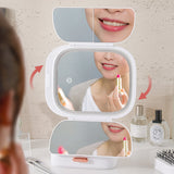 White LED Lighted Tri-Fold Makeup Mirror with Storage Drawer & Magnification(USB Charging Port) - 45-Degree Angle