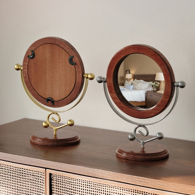 Gold and Brown Vintage Solid Wood Makeup Mirror - 360? Rotating Desktop Vanity Mirror