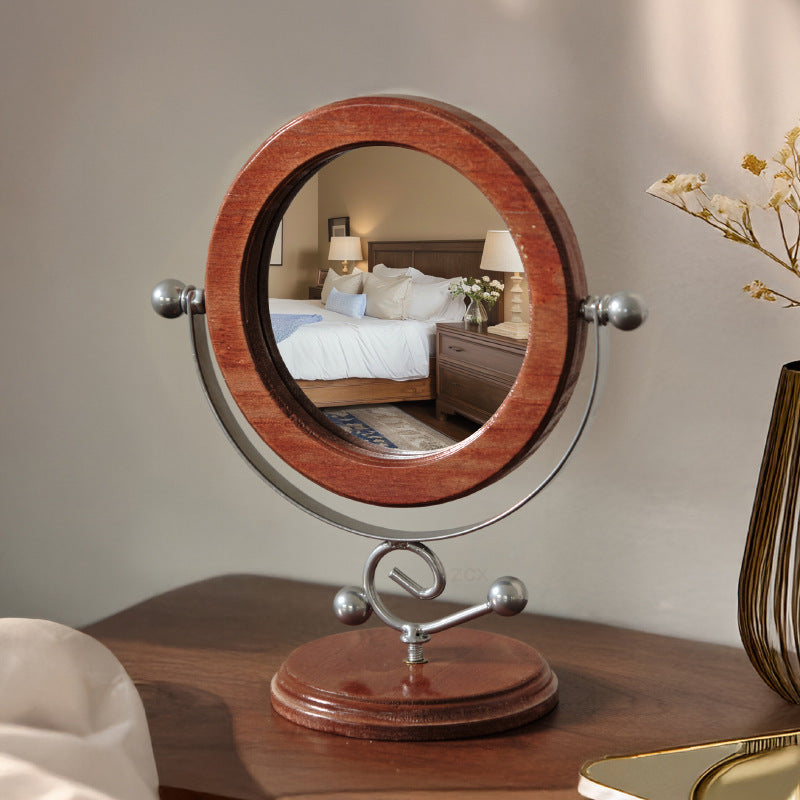 Gold and Brown Vintage Solid Wood Makeup Mirror - 360? Rotating Desktop Vanity Mirror