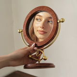 Gold and Brown Vintage Solid Wood Makeup Mirror - 360° Rotating Desktop Vanity Mirror - Top-Down View