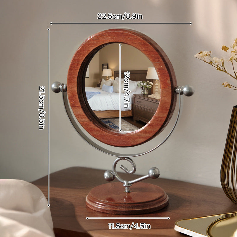 Silver and Brown Vintage Solid Wood Makeup Mirror - 360? Rotation Desktop Vanity Mirror