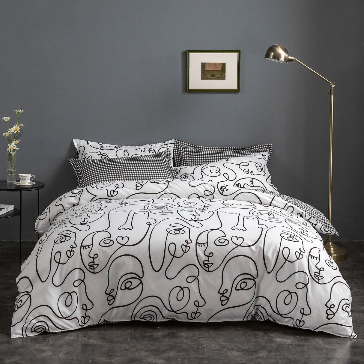 Face Line Graffiti Pattern 3-Piece Polyester Duvet Cover Set with 2 Pcs Pillowcases - Elegant Bedding, Machine Washable, 173x230cm Duvet + 51x76cm