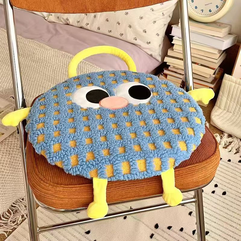 Blue Plaid Cute Cartoon Round Memory Foam Seat Cushion - Detachable & Washable