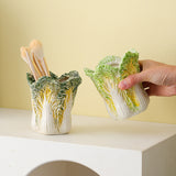2 Pcs Dark Green Premium Ceramic Cabbage Makeup Brush Holder - Elegant 10.5cm High-End Desktop Organizer - Front View