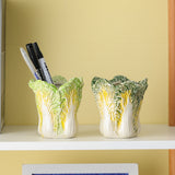 2 Pcs Dark Green Premium Ceramic Cabbage Makeup Brush Holder - Elegant 10.5cm High-End Desktop Organizer - Side View