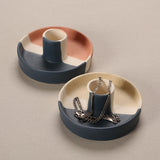 2 Pcs Dark Blue Oval Bottom Nordic Ceramic Candle Holder with Jewelry Dish - Elegant Minimalist Home Decor Piece - Top-Down View