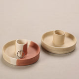 2 Pcs Blue, White And Yellow Stitching Straight Bottom Nordic Ceramic Candle Holder with Jewelry Dish - Elegant Minimalist Home Decor Piece - Side View