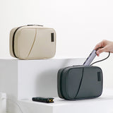 Beige Premium PU Leather Multi-Functional Travel Cable Organizer - Waterproof Digital Storage Pouch - Side View